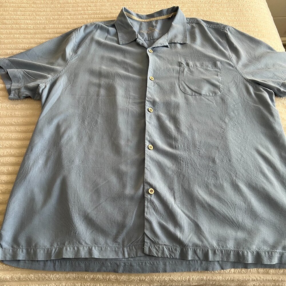TOMMY BAHAMA 100% SILK BLUE PALM LEAF CAMP SHORT SLEEVED BUTTON DOWN SHIRT-XXXL